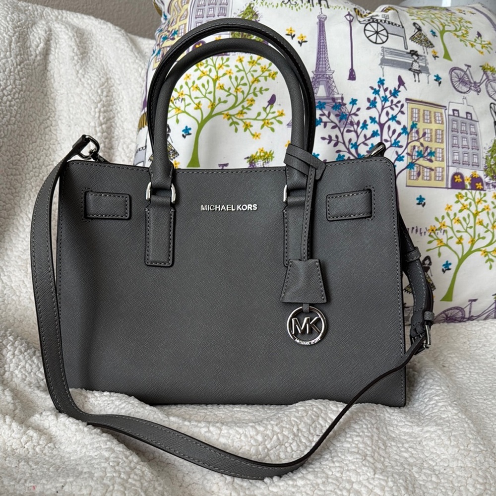 Michael Kors Dark Gray Satchel Textured Leather with Charm